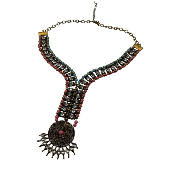 Multicolor Beaded Statement Necklace With Gold-Tone Chain & Intricate Pendant - Picture 1 of 4